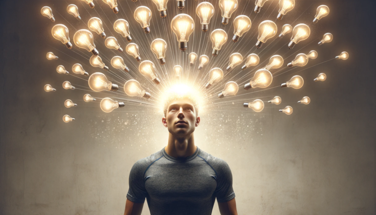 אדם עם נורות מאירות מעל לראשו, מייצג הפעלת הפוטנציאל המנטלי לביצועי שיא